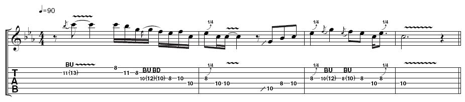 Lick 1: Starting with a strident bend and vibrato, this lick then moves into a pentatonic burst before slowing down somewhat. The string bends in bar 3 may not fall under your fingers too easily at first, but remember you're emulating a man who plays upside down&hellip;