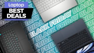 Black Friday 2022 live blog — laptop deals banner, Black Friday text with a trio of laptops on a blue to green background 