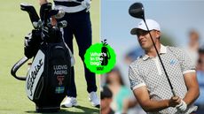 A close up of Ludvig Aberg's bag and him hitting a driver