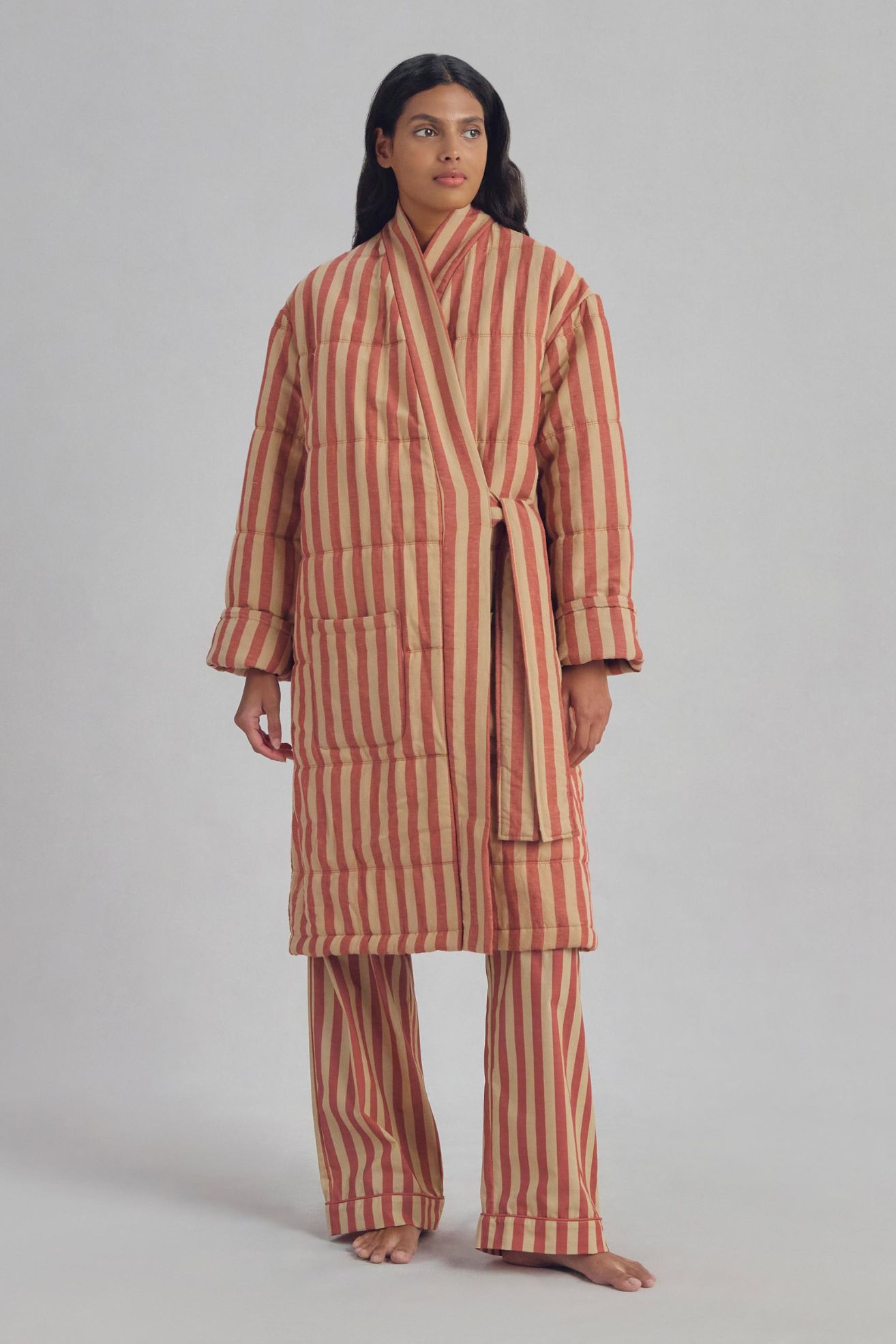 Piglet In Bed, Sandstone Red Pembroke Stripe Linen Blend Housecoat