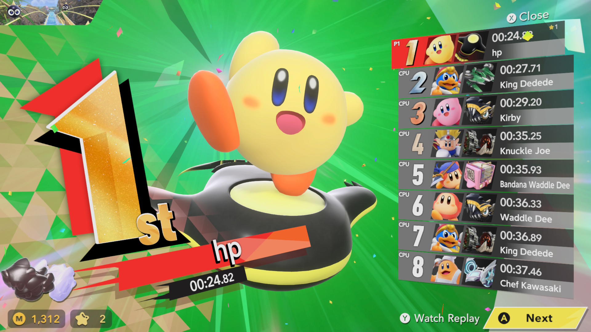 Kirby celebrates finishing 1st place in Kirby Air Riders