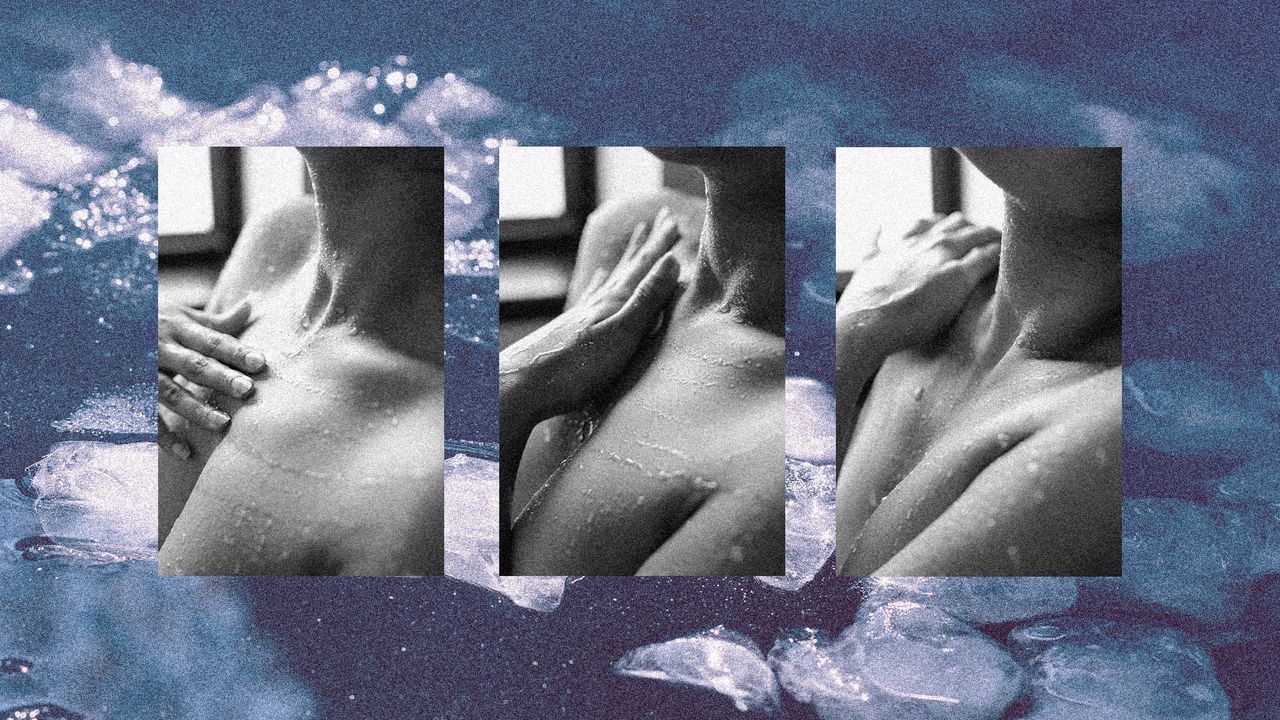 Photo collage of three black and white close-up images of a woman&#039;s hand dragging across her wet skin. In the background, there is a photograph of an ice bath, with large ice cubes glittering in the sun.