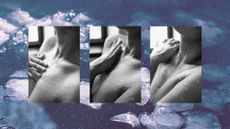 Photo collage of three black and white close-up images of a woman's hand dragging across her wet skin. In the background, there is a photograph of an ice bath, with large ice cubes glittering in the sun.