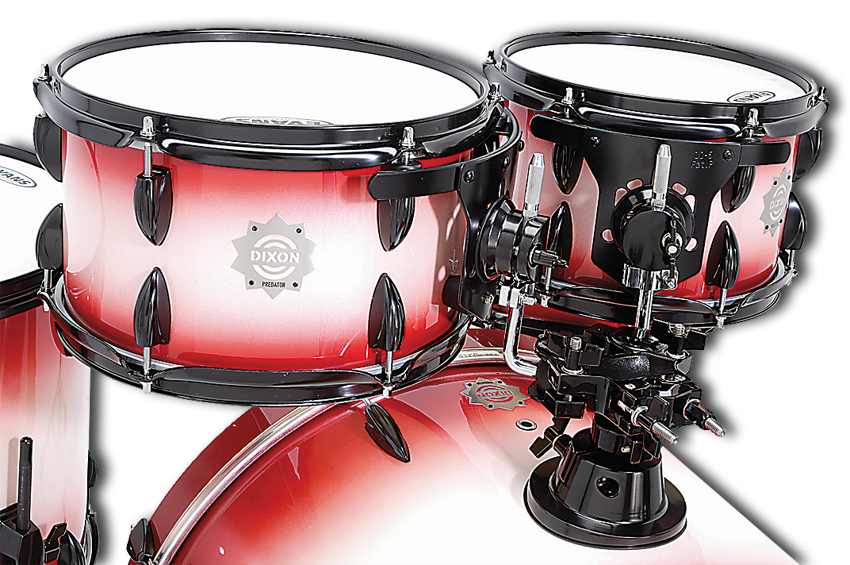 The two rack toms are equipped with RIMS-style suspension mounts