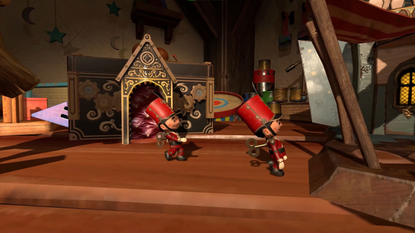 Two tin soldiers walk across the table