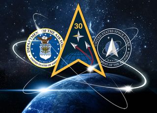 The emblems for Space Launch Delta 30 depicting vehicles flying into space.