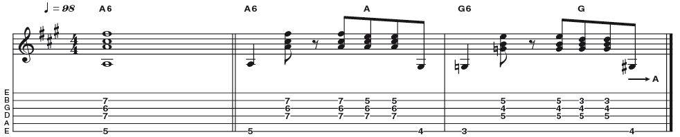 Example 13: Major 6 - Our next offering is a major 6 (R 3 5 6), which can give an authentic sound for vintage jazz and soul styles. You can hear this sound frequently used by guitarist Steve Cropper on records from the Stax label including releases by Booker T, Wilson Pickett, Otis Redding and others.