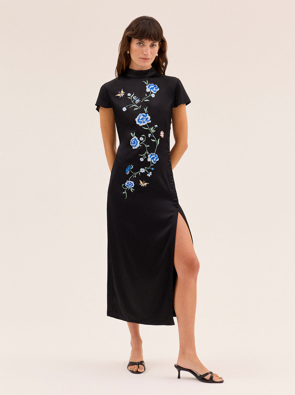 Elspeth Black Satin Embroidered Dress