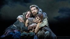 Kenneth Branagh as King Lear (centre), with Eleanor de Rohan as Kent (left) and Jessica Revell as the Fool 