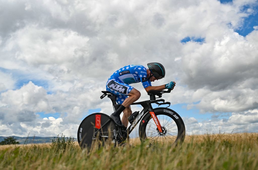 BB HotelsKTM teams French rider Pierre Rolland rides during the fourth stage of the 74th edition of the Criterium du Dauphine individual time trial cycling race 319 km between Montbrison and La Batie dUrfe central eastern France on June 8 2022 Photo by Marco BERTORELLO AFP Photo by MARCO BERTORELLOAFP via Getty Images