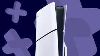 PS5 Slim on a dark blue background