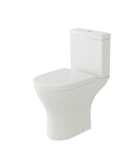 Ibathuk Modern Palma Close Coupled Toilet, Ceramic Toilet Pan With Dual Flush Cistern, Soft Close, Quick Release Toilet Seat for Bathroom-White Gloss, Round Shape