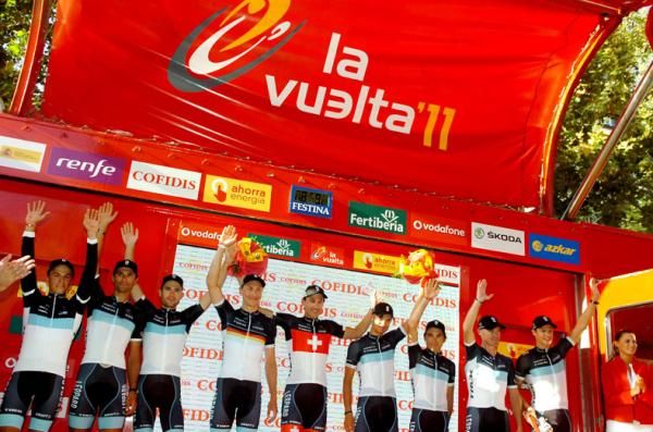 Leopard Trek are feted on the podium in Benidorm.