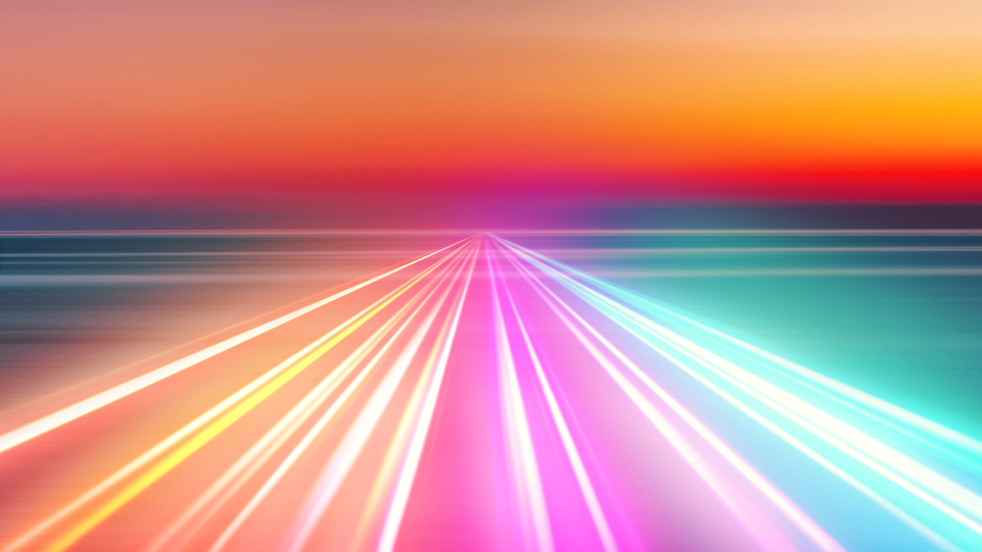 An image showing multicolored strips of light disappearing into the horizon against a sunset, to represent the future of technology in 2026 and beyond.