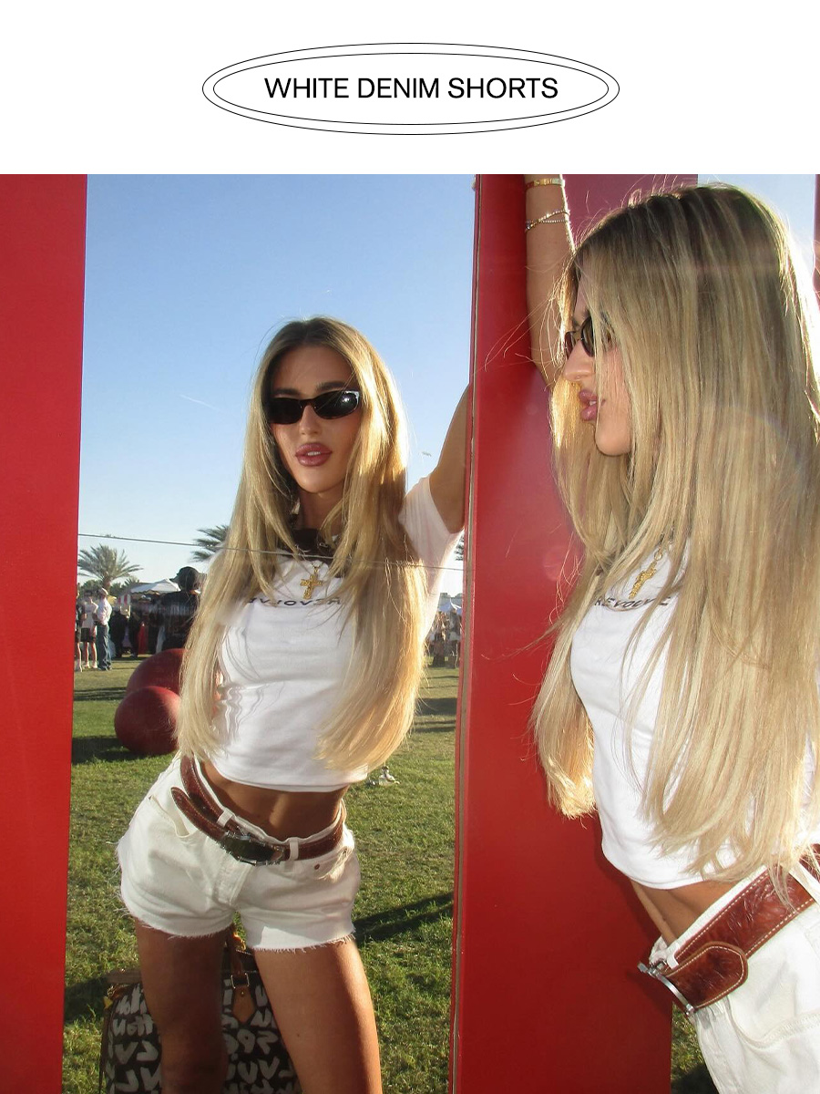 Influencer wearing white denim shorts