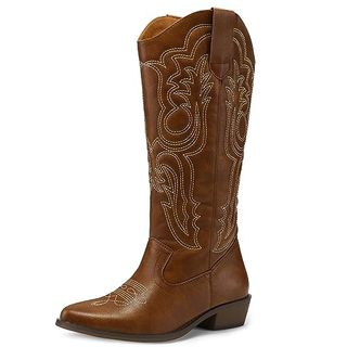 Mysoft Damen-Cowboystiefel, Western-Stil, spitzer Zehenbereich, Stickerei, mittlere Wade, Cowgirl-Stiefel, dicker Absatz, zum Überziehen, kniehohe Stiefel