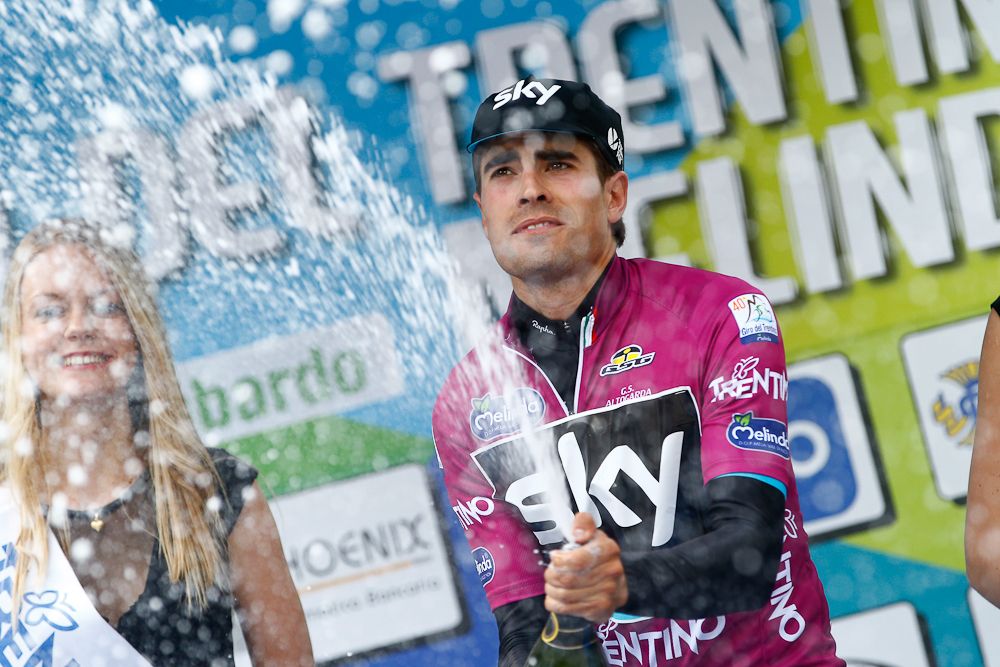 Mikel Landa (Team Sky) in the leader's jersey on the stage 3 podium