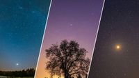 three panel image showing on the left a bright point of light in a deep blue sky in the center a tree is silhouetted against a pink hue sky and on the right an orange glowing point of light in a dark sky.
