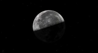 The quarter moon tilts downward like an upturned bowl, its dark surface painted in a dark grey sea that covers nearly all the surface, but is shored by bright sections of lunar surface on all sides, save the shaded area. Stars are scattered about in black space.
