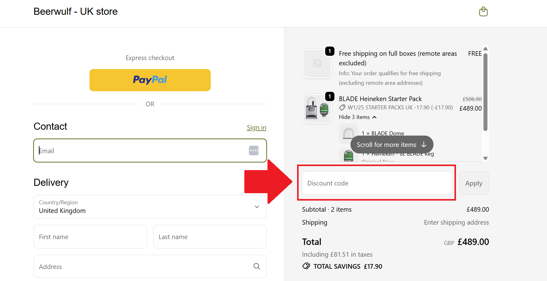 A screenshot of the beerwulf checkout page showing where to enter a beerwulf discount code