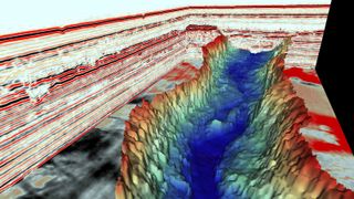 A 3D map of one of the hidden valleys, also known as a tunnel valley, under the seafloor in the North Sea. It was created by a meltwater channel running underneath an ancient ice sheet.
