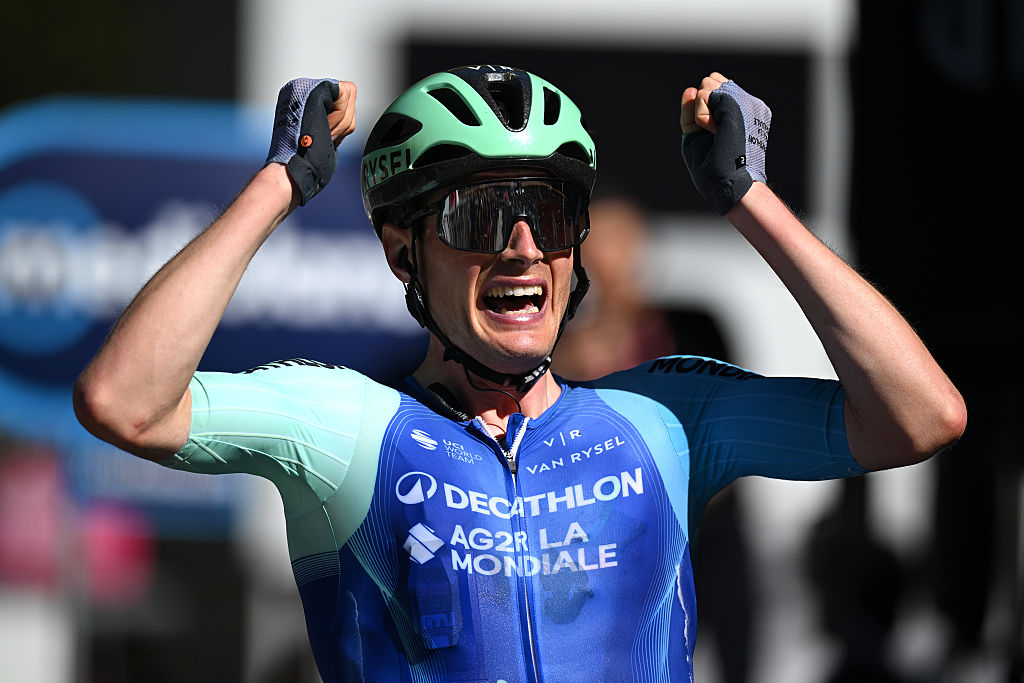 CHAMPOLUC ITALY MAY 30 Nicolas Prodhomme of France and Team Decathlon AG2R La Mondiale celebrates at finish line as stage winner during the 108th Giro dItalia 2025 Stage 19 a 166km stage from Biella to Champoluc 1574m UCIWT on May 30 2025 in Champoluc Italy Photo by Dario BelingheriGetty Images