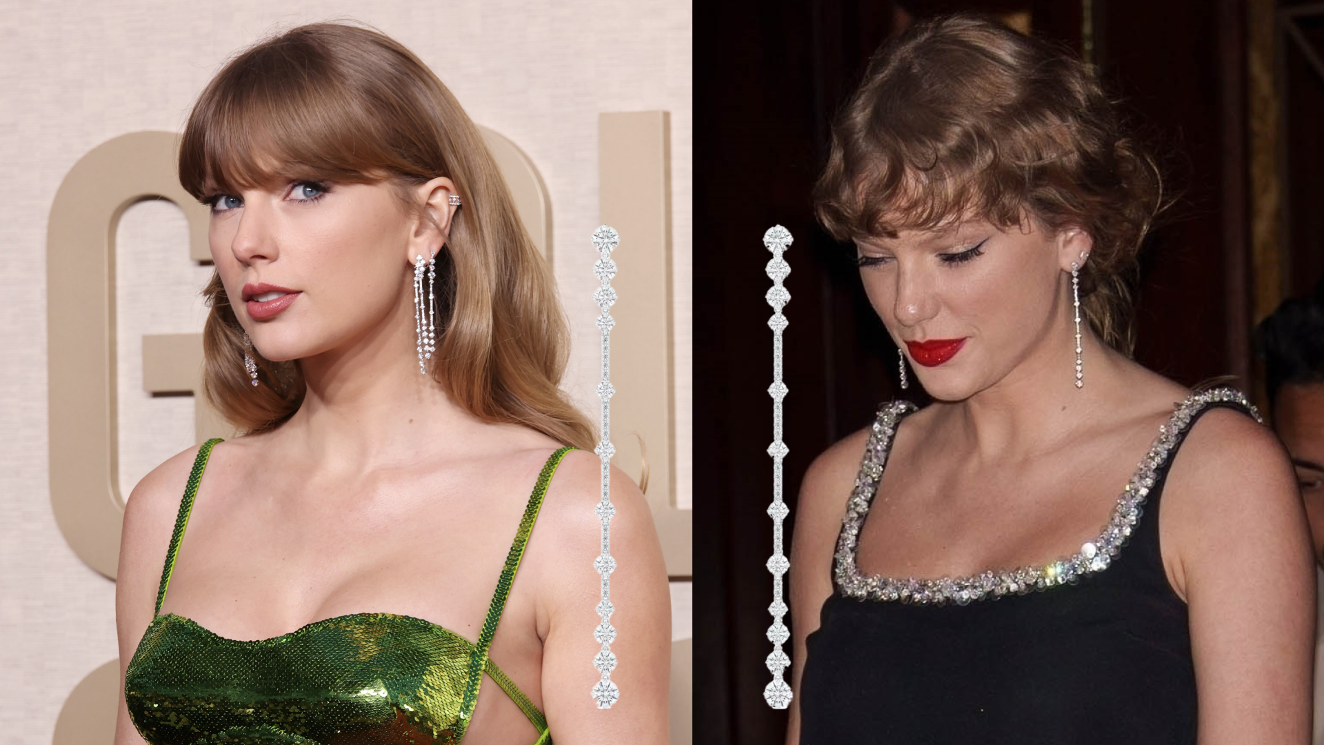 a collage of Taylor Swift wearing DeBeers diamond earrings at the Golden Globes and in New York City