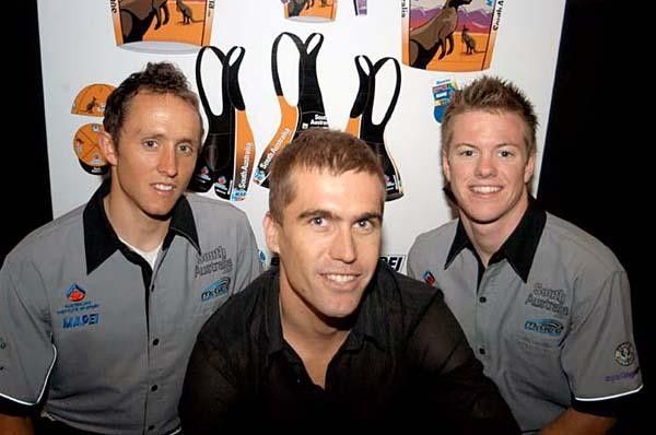Riders Matthew Lloyd and Simon Clarke with sponsor Brad McGee (McGee Sports Australia), all integral parts of the new SouthAustralia.com - AIS Cycling Team.