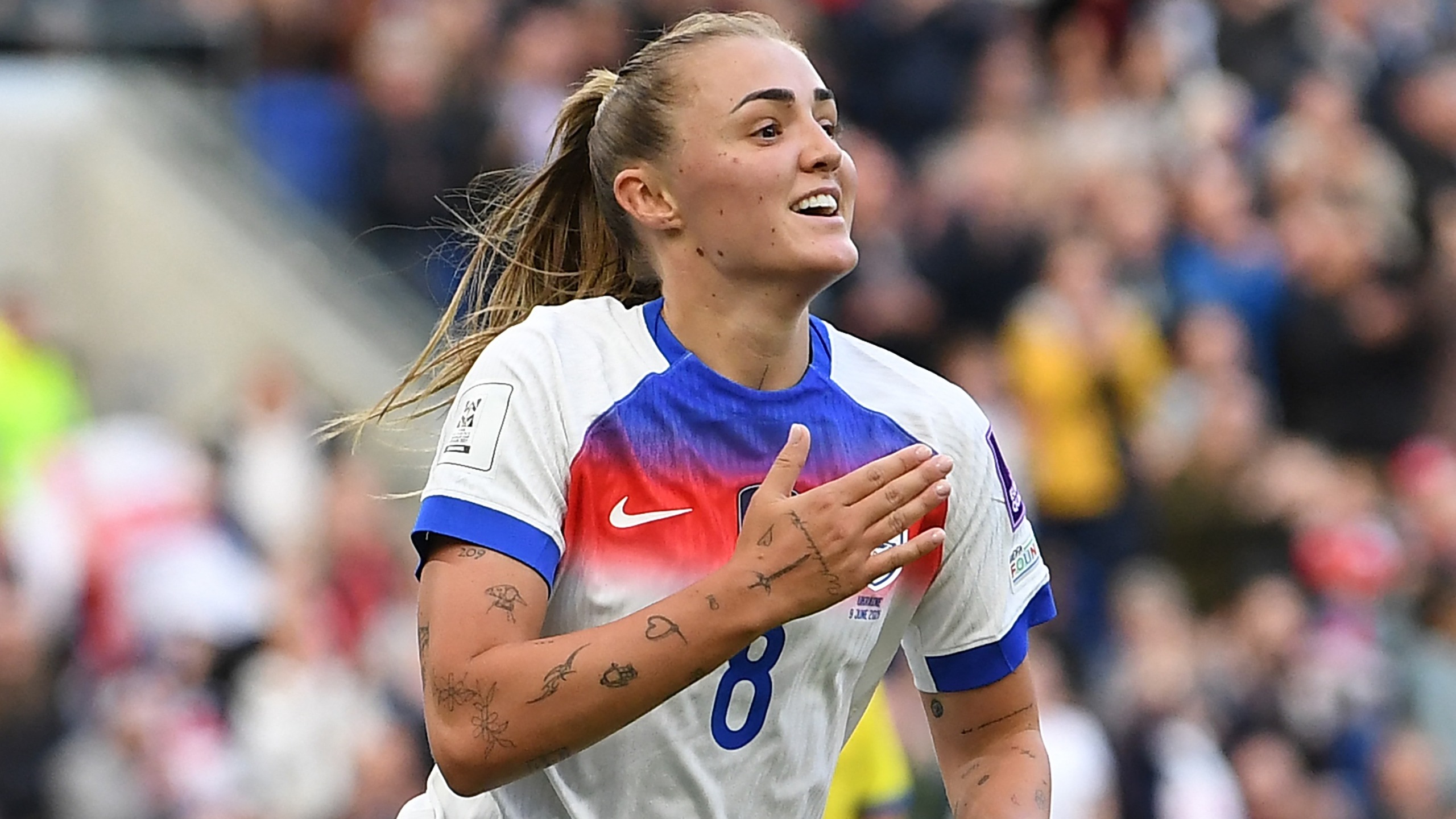 Georgia Stanway celebrates after scoring England's second goal during the Women's 2027 World Cup European Qualifiers match against Ukraine at the Hill Dickinson Stadium in Liverpool on June 9, 2026