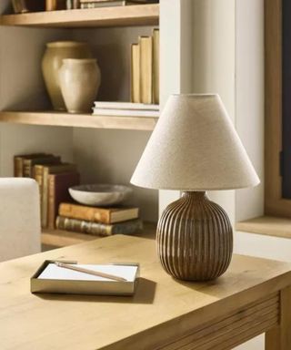 A table lamp on a wooden desk