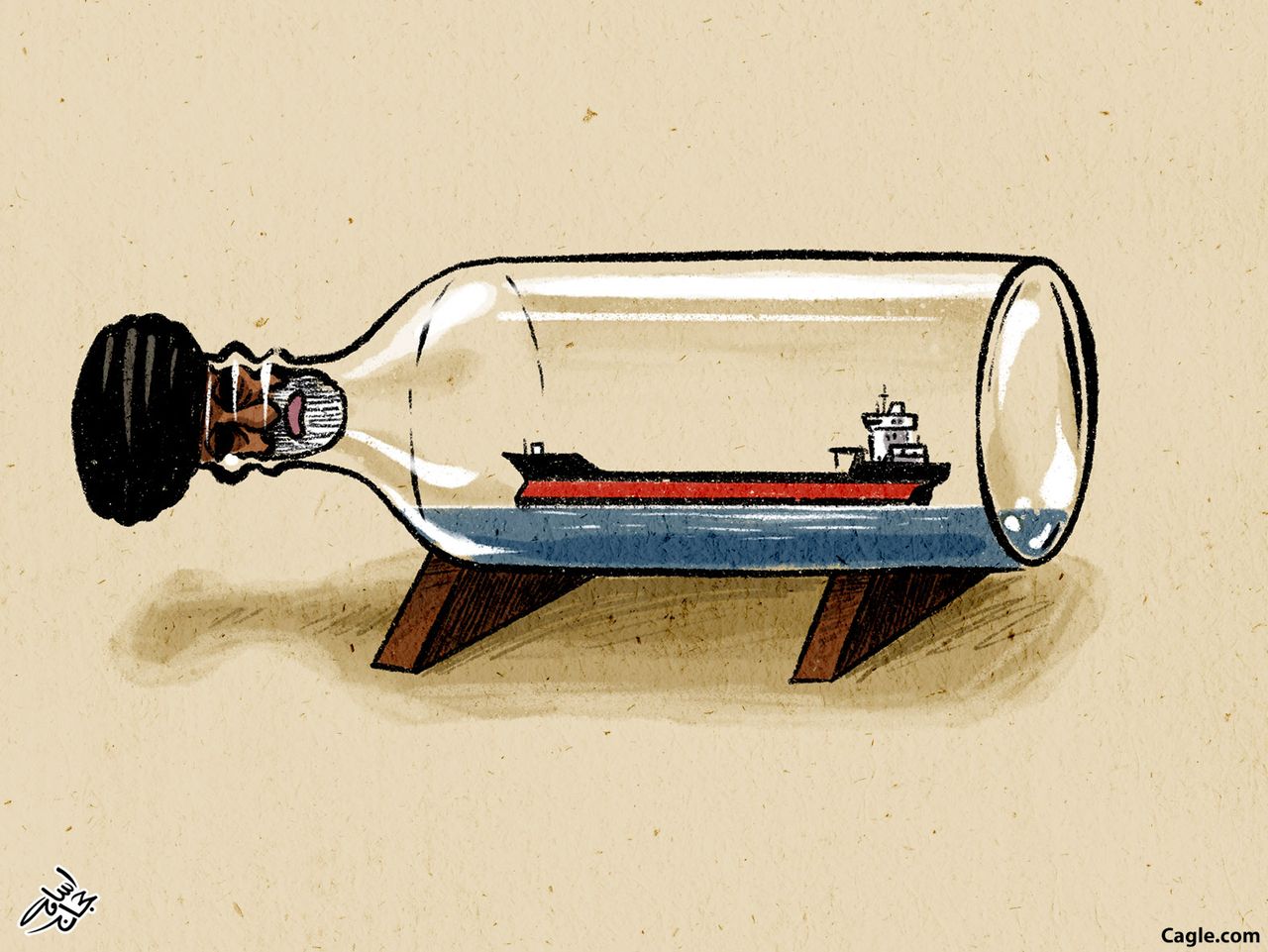 Political Cartoon Oil Tanker Ship In A Bottle Iran Hormuz