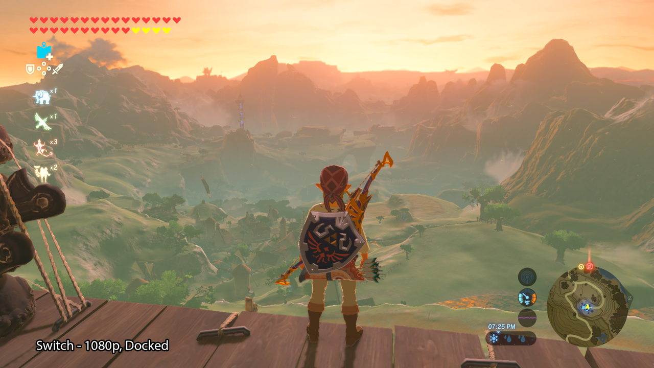 A view of a Hyrule sunset in The Legend of Zelda: Breath of the Wild on the Nintendo Switch