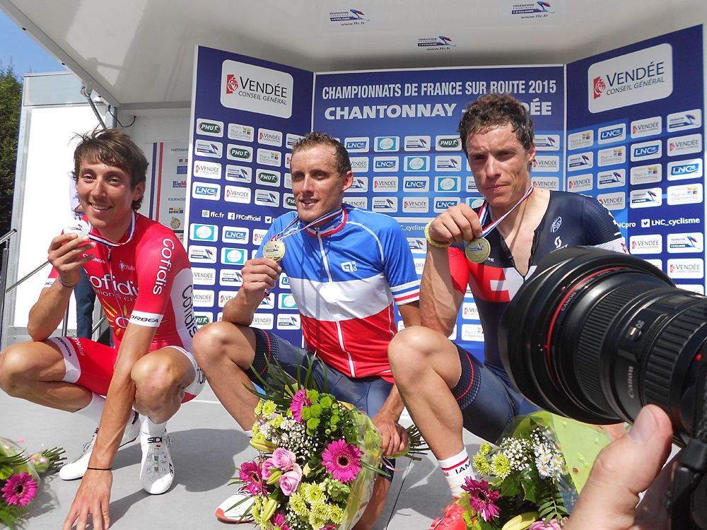 Jerome Coppel (Fra) IAM Cycling win the time trial title ahead of St&eacute;phane Rossetto (Cofidis) and Sylvain Chavanel (IAM Cycling)