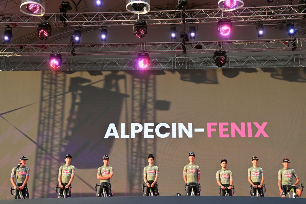 BUDAPEST HUNGARY MAY 04 A general view of Mathieu Van Der Poel of Netherlands Tobias Bayer of Austria Dries De Bondt of Belgium Alexander Krieger of Germany Senne Leysen of Belgium Jakub Mareczko of Italy Stefano Oldani of Italy Oscar Riesebeek of Netherlands and Team Alpecin Fenix during the Team Presentation of the 105th Giro dItalia 2022 at Heroes Square Giro WorldTour on May 04 2022 in Budapest Hungary Photo by Stuart FranklinGetty Images