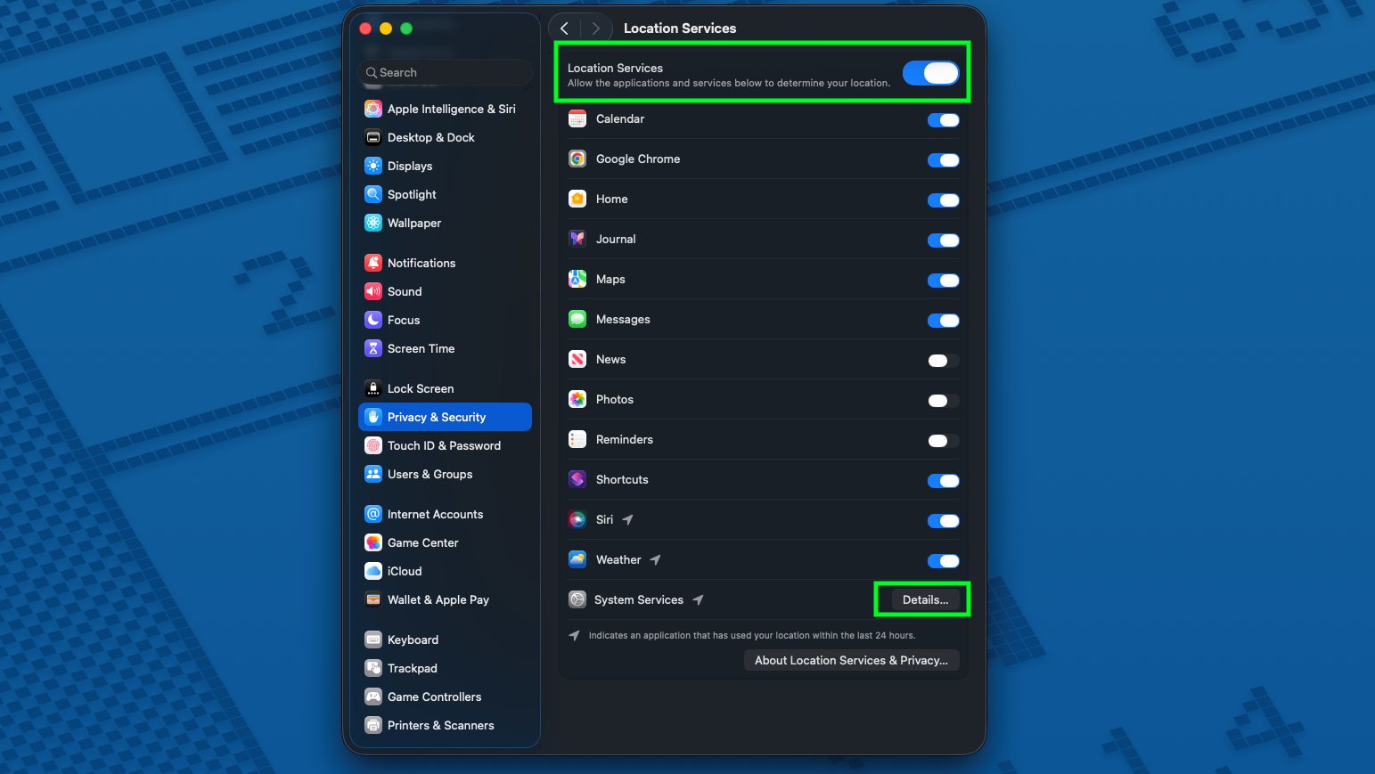 Turning Location Services on in the Apple menu