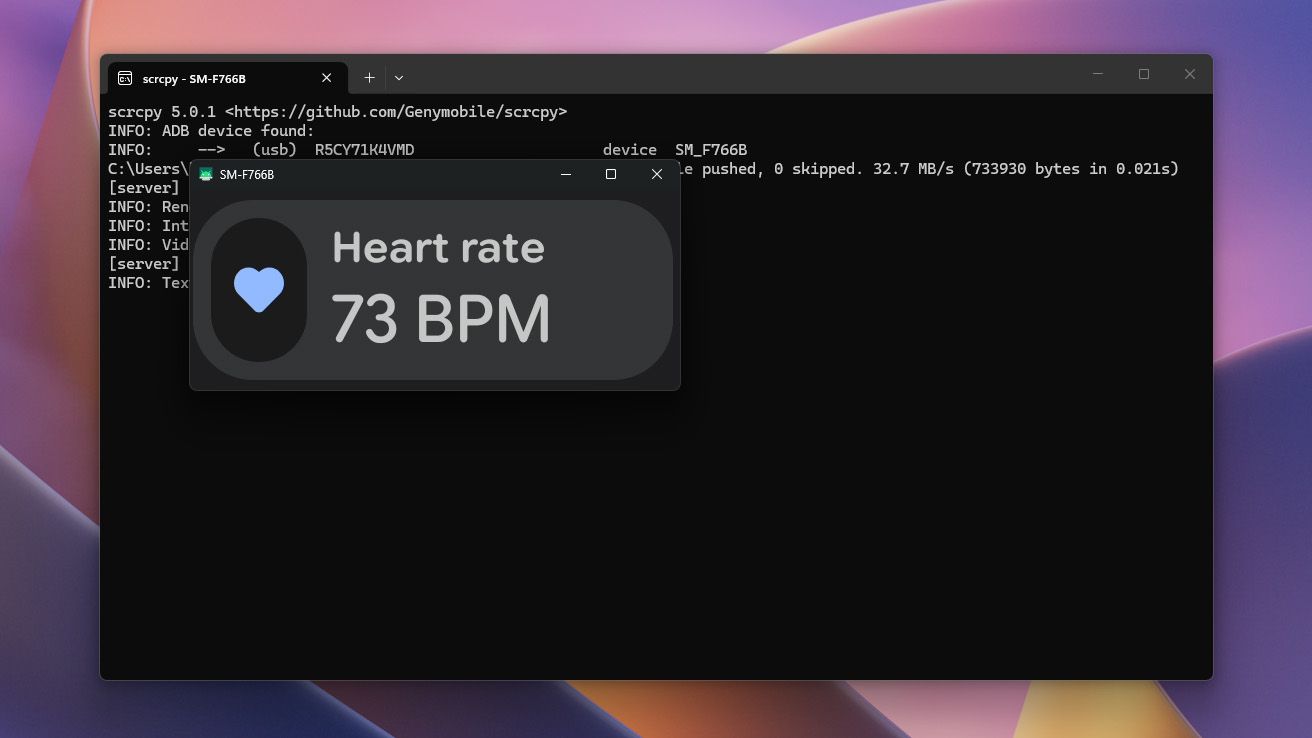 Heart rate readout shown on a Windows desktop with a command prompt dialog visible