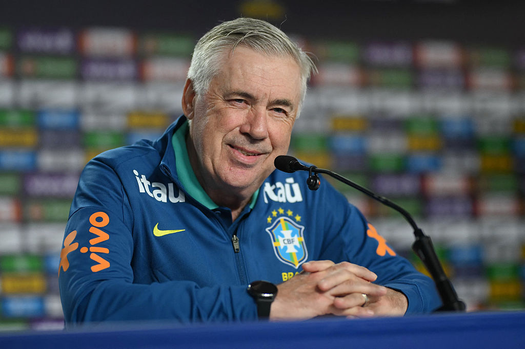 Brazil's Italian head coach Carlo Ancelotti gestures during a press conference in Teresopolis, Rio de Janeiro State, Brazil on September 8, 2025