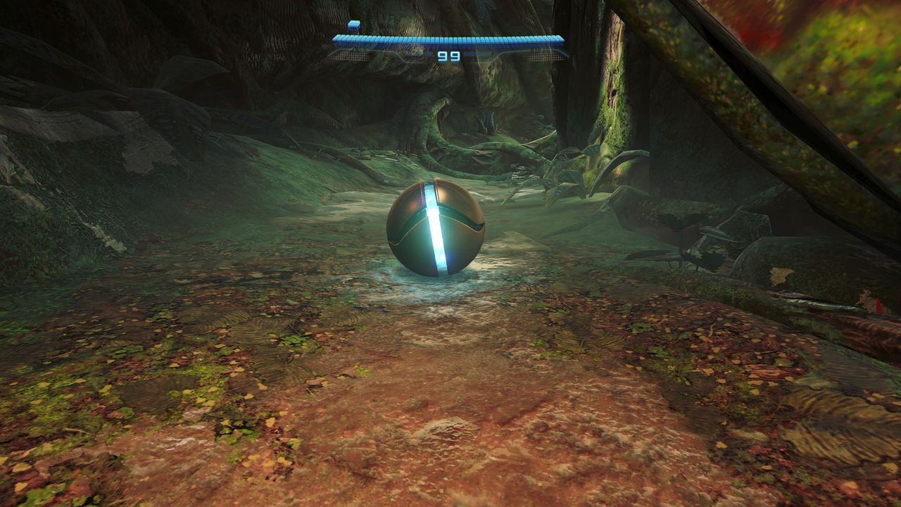 Samus in her morph ball form in Metroid Prime 4: Beyond on Switch 2, rolling through a forested area
