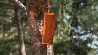 An amber KEF Muo 2025 speaker hanging from a small branch on a tree