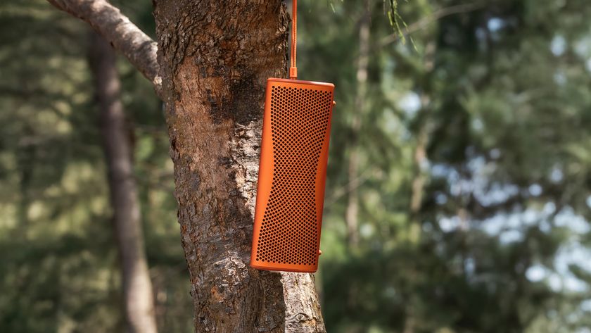 An amber KEF Muo 2025 speaker hanging from a small branch on a tree