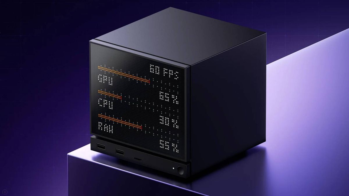 Jsaux Steam Machine dot matrix faceplate with PC stats displayed.