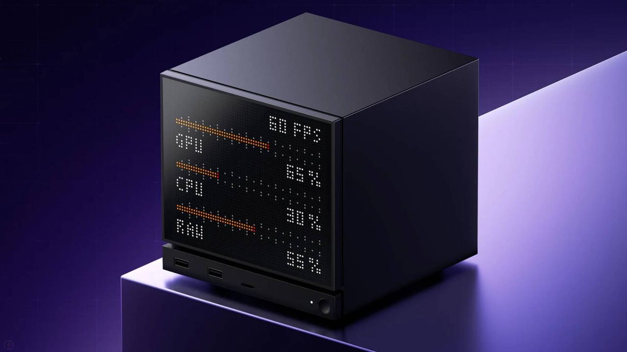 Jsaux Steam Machine dot matrix faceplate with PC stats displayed.