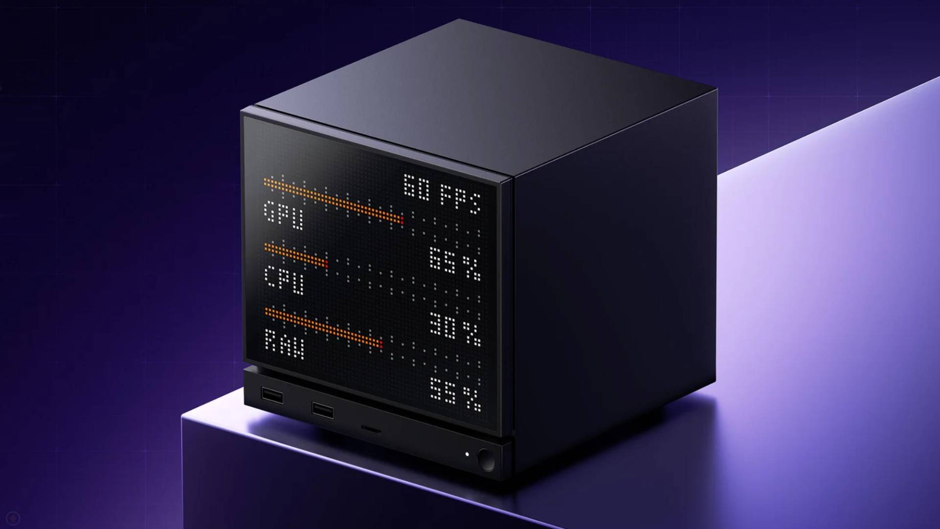 Jsaux Steam Machine dot matrix faceplate with PC stats displayed.