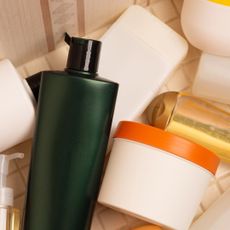 Flat lay of hair and body care products