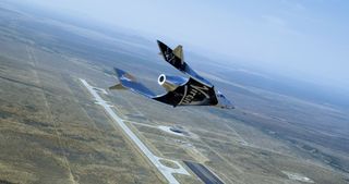 Virgin Galactic's SpaceShipTwo Unity makes its second glide flight over Spaceport America in New Mexico on June 25, 2020.