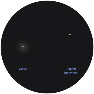 This image shows a close-up of how Venus and Jupiter will appear as viewed through a low-power telescope before dawn on Monday, Aug. 18, 2014. The astronomy magazine Sky & Telescope released this guide for stargazers.