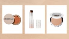 Images of three of the best cream foundations featured in this guide from (left to right) Jones Road, Fenty Beauty and Makeup by Mario, set against a beige watercolour-style background