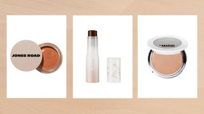 Images of three of the best cream foundations featured in this guide from (left to right) Jones Road, Fenty Beauty and Makeup by Mario, set against a beige watercolour-style background