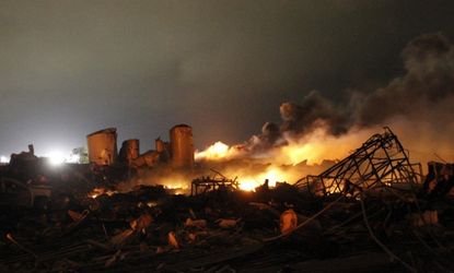 The remains of a fertilizer plant after an explosion at the plant in the town of West, near Waco, Texas.