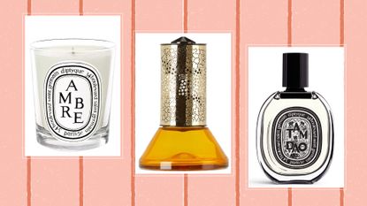 Diptyque Cyber Monday deals in a collage, an ambre candle hourglass diffuser and Tam Dao perfume